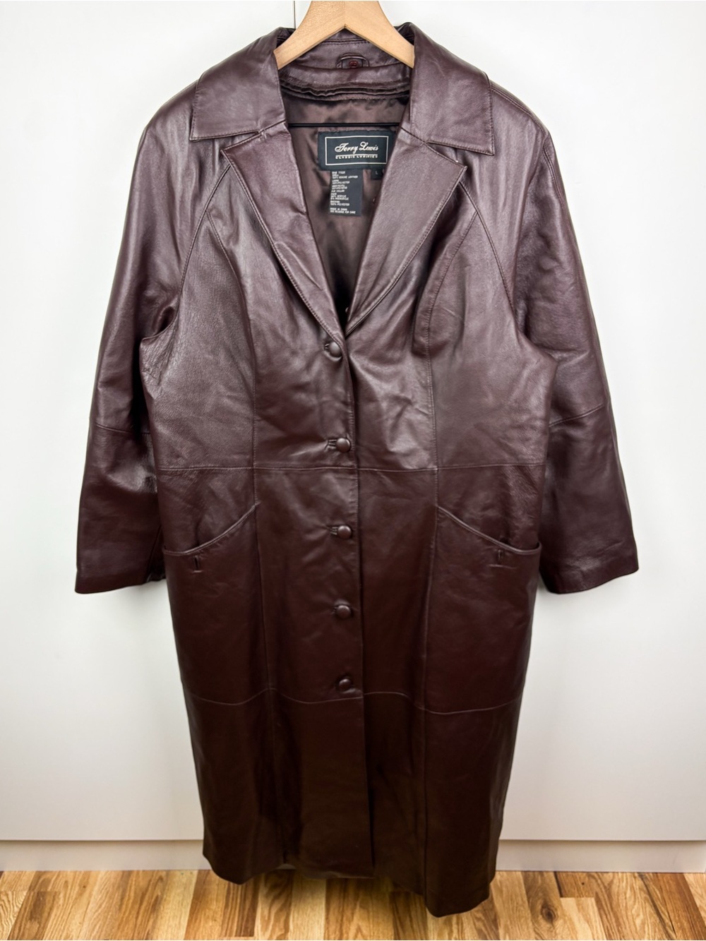 Vintage Chocolate Brown Long Leather Trench Coat Jacket Autumn Womens Large